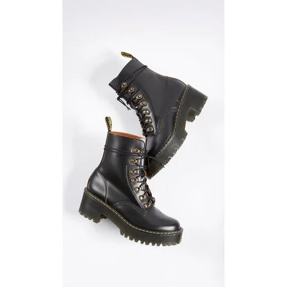 Dr. Martens Heeled Boot Women Black Leona Leather Fashion Boot Sole slip Shoes